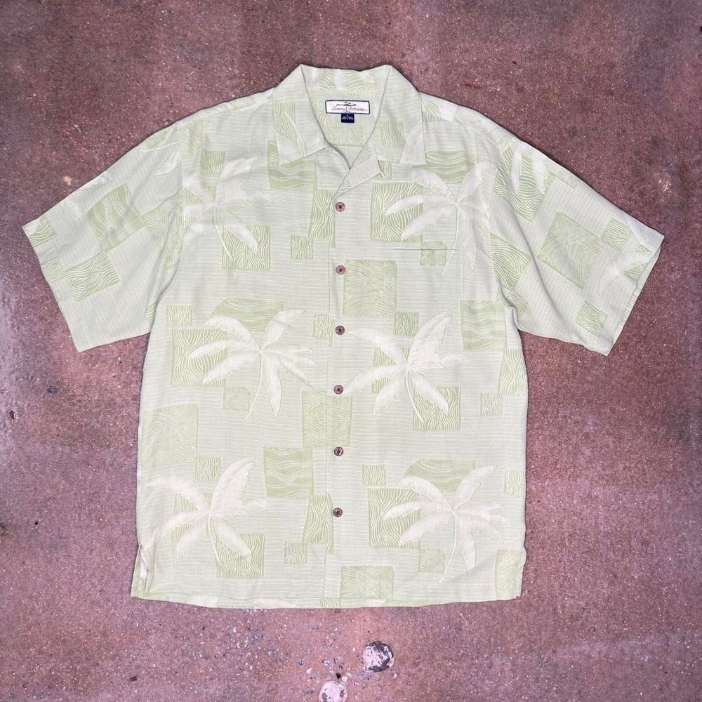 Tommy Bahama 100% Silk Camp Collar Hawaiian Shirt Mens Small Green Palm Jacquard